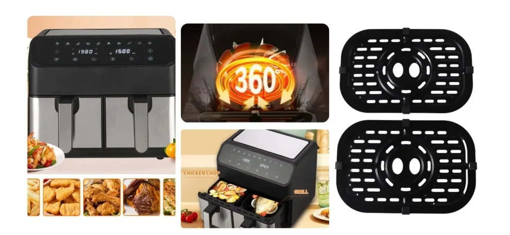 8L Dual Basket Air Fryer High Power No-Oil Cooking Crispy & Healthy Meals Kitchen GO uk store. Designed with advanced 360° hot air circulation, it delivers crispy, golden results with up to 80% less oil, making every meal guilt-free and delicious. The intuitive LED touchscreen offers effortless control, while multiple preset cooking modes take the guesswork out of meal prep.