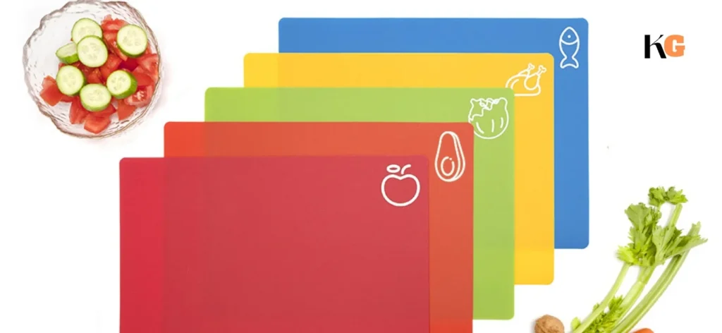 ey Features: Generous Size: Each cutting board measures 14.65 x 11.02 inches, providing ample space for chopping, slicing, and dicing a variety of ingredients. Color-coded for Safety: The set includes four vibrant Colours, each designated for specific food types—such as meats, vegetables, and fruits—to prevent cross-contamination and maintain food safety standards. Easy to Clean: These boards are dishwasher safe, making cleanup effortless. To maintain their integrity, simply ensure the dishwasher temperature does not exceed 90°C (194°F). Non-Slip Design: Featuring a lattice-patterned back, these boards remain stable on your countertop, ensuring precision and safety during use. The lightly textured surface stabilizes your knife without dulling the blade. Flexible and Convenient: The pliable design allows you to easily transfer chopped ingredients directly into pots and pans, minimizing mess and simplifying meal preparation. Why Choose Our Cutting Board Set? Designed with the modern UK kitchen in mind, our cutting boards combine functionality with safety. The flexibility and non-slip features enhance your cooking efficiency, while the colour-coded system supports best practices in food hygiene. Whether you're preparing a family meal or hosting a dinner party, this set is an indispensable addition to your culinary tools.