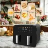 Upgrade your kitchen with. 9L Dual Air Fryer is a game changer for healthier and fast cooking. Designed with advanced 360° hot air circulation, it delivers crispy, golden results with up to 80% less oil, making every meal guilt-free and delicious. The intuitive LED touchscreen offers effortless control, while multiple preset cooking modes take the guesswork out of meal prep. With an adjustable temperature range of 80°C-200°C  and a built-in timer, you can fry, bake, roast, and reheat with precision. Its spacious capacity allows you to cook family-size portions, while the non-stick, dishwasher-safe basket ensures easy cleanup. Whether you are making crispy fries, juicy chicken, or roasted vegetables, the 9L Dual Air Fryer provides a seamless efficient cooking experience perfect for busy households. CE, UKCA certified for quality and reliability. For more details, visit our [Compliance certifications].
