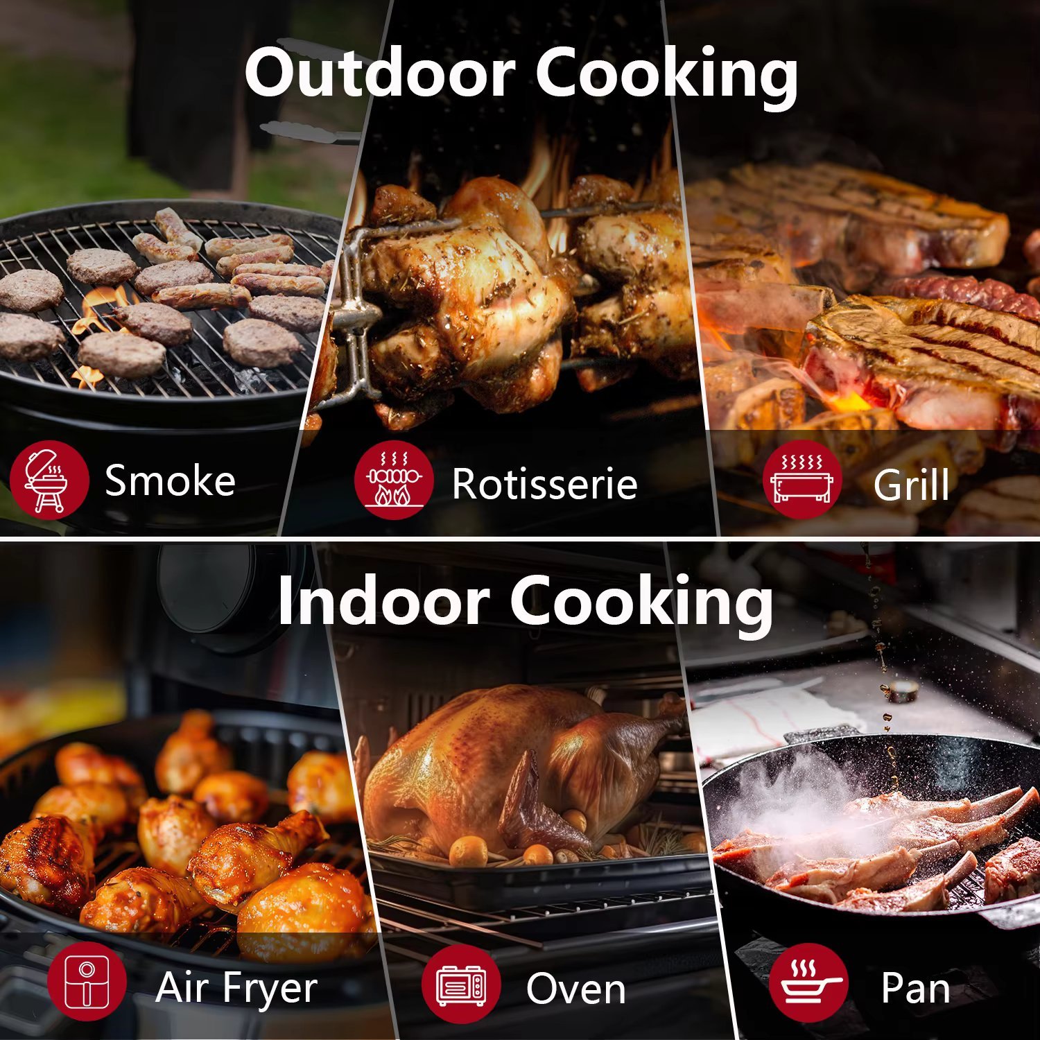 Large 2.4-inch LCD Display: The sizable screen provides clear and easy-to-read temperature readings, allowing you to monitor your cooking effortlessly, even from a distance or in low-light conditions. Extended Wireless Range: Experience unparalleled flexibility with our advanced Bluetooth technology. The thermometer maintains a strong and reliable connection: Probe to Repeater: Up to 70 meters (200 feet) in open environments. Probe to Base Unit (with the grill lid closed): Optimized for 3 to 10 meters (10 to 33 feet). Repeater to Smartphone: Up to 100 meters (328 feet), allowing you to monitor your cooking from anywhere in your home or yard. Intuitive "BFOUR" App: Our user-friendly application offers a seamless cooking experience: Brand-Neutral Interface: Focus solely on temperature monitoring without unnecessary branding distractions. Customizable Settings: Set personalized temperature thresholds and alarms to suit your specific cooking preferences. Data Tracking: Record and analyze temperature data to refine your cooking techniques over time. Smart Notifications: Receive real-time alerts on your smart device, ensuring you're informed of critical cooking moments, even when away from the kitchen. Multilingual Support: Accessible to users worldwide with multiple language options. Bluetooth-Enabled Wireless Meat Thermometer with Dual IP67 Waterproof Probes – Perfect for Kitchen, BBQ, and Grilling Kitchengo.co.uk