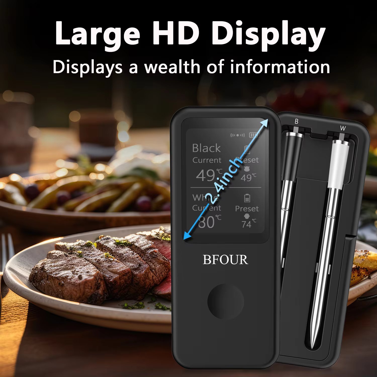 Large 2.4-inch LCD Display: The sizable screen provides clear and easy-to-read temperature readings, allowing you to monitor your cooking effortlessly, even from a distance or in low-light conditions. Extended Wireless Range: Experience unparalleled flexibility with our advanced Bluetooth technology. The thermometer maintains a strong and reliable connection: Probe to Repeater: Up to 70 meters (200 feet) in open environments. Probe to Base Unit (with the grill lid closed): Optimized for 3 to 10 meters (10 to 33 feet). Repeater to Smartphone: Up to 100 meters (328 feet), allowing you to monitor your cooking from anywhere in your home or yard. Intuitive "BFOUR" App: Our user-friendly application offers a seamless cooking experience: Brand-Neutral Interface: Focus solely on temperature monitoring without unnecessary branding distractions. Customizable Settings: Set personalized temperature thresholds and alarms to suit your specific cooking preferences. Data Tracking: Record and analyze temperature data to refine your cooking techniques over time. Smart Notifications: Receive real-time alerts on your smart device, ensuring you're informed of critical cooking moments, even when away from the kitchen. Multilingual Support: Accessible to users worldwide with multiple language options. Bluetooth-Enabled Wireless Meat Thermometer with Dual IP67 Waterproof Probes – Perfect for Kitchen, BBQ, and Grilling Kitchengo.co.uk