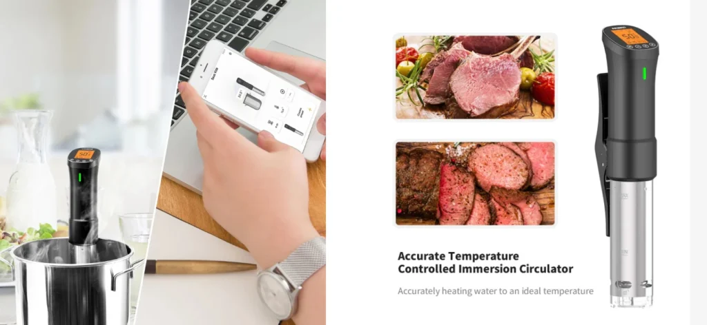 "INKBIRD ISV-200W WiFi Sous Vide Cooker – Smart precision cooking appliance with 2.4GHz WiFi remote control, accurate temperature settings (32℉-194℉), and real-time monitoring via app. Durable stainless steel design, low water level alarm, quiet operation, and easy LCD recipe selection for professional sous vide cooking at home.
