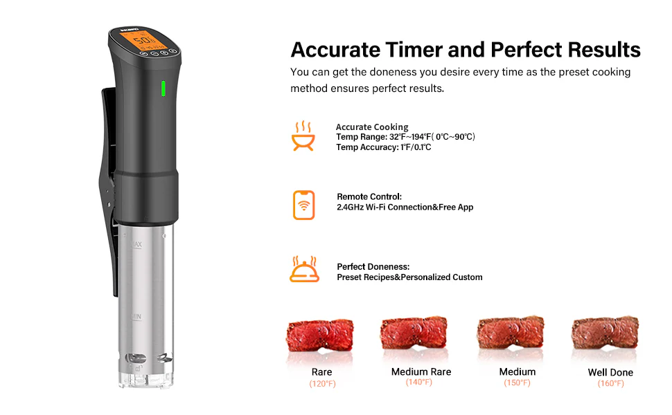 "INKBIRD ISV-200W WiFi Sous Vide Cooker – Smart precision cooking appliance with 2.4GHz WiFi remote control, accurate temperature settings (32℉-194℉), and real-time monitoring via app. Durable stainless steel design, low water level alarm, quiet operation, and easy LCD recipe selection for professional sous vide cooking at home.