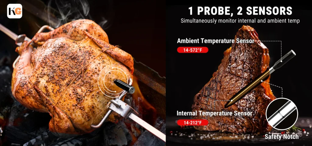 Elevate your culinary skills with the TempPro I61 Wireless Meat Thermometer, designed for both amateur cooks and professional chefs seeking precision and convenience in their cooking endeavors. Key Features: Extended 500ft Bluetooth 5.2 Range: Monitor your cooking from a distance, providing flexibility and freedom without compromising accuracy. Smart App Integration: The "TempPro" app offers real-time monitoring, customizable temperature alarms, and temperature charts. With 9 preset temperatures for meats like fish, beef, chicken, and pork, you can cook with confidence and precision. 100% Wire-Free Design: Experience complete freedom in the kitchen or at the grill with a truly wireless probe, allowing for hassle-free cooking and easy monitoring via your smartphone. IPX7 Waterproof Probe: The durable, waterproof probe is easy to clean, maintains hygiene, and ensures longevity.