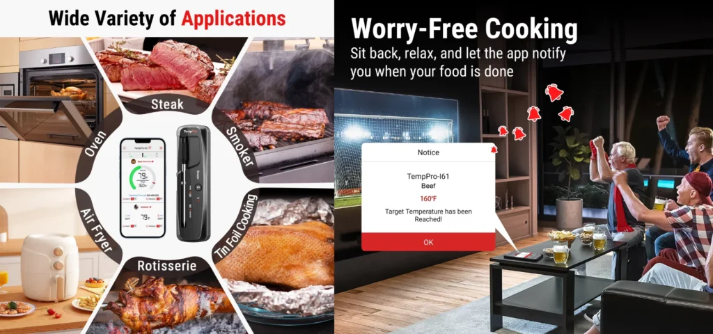 Elevate your culinary skills with the TempPro I61 Wireless Meat Thermometer, designed for both amateur cooks and professional chefs seeking precision and convenience in their cooking endeavors. Key Features: Extended 500ft Bluetooth 5.2 Range: Monitor your cooking from a distance, providing flexibility and freedom without compromising accuracy. Smart App Integration: The "TempPro" app offers real-time monitoring, customizable temperature alarms, and temperature charts. With 9 preset temperatures for meats like fish, beef, chicken, and pork, you can cook with confidence and precision. 100% Wire-Free Design: Experience complete freedom in the kitchen or at the grill with a truly wireless probe, allowing for hassle-free cooking and easy monitoring via your smartphone. IPX7 Waterproof Probe: The durable, waterproof probe is easy to clean, maintains hygiene, and ensures longevity.