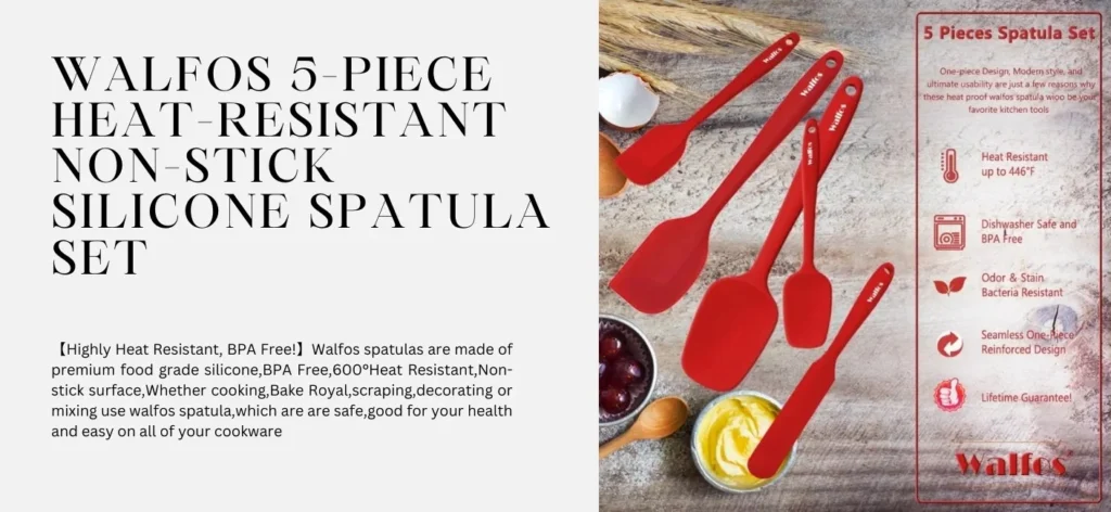 Upgrade your culinary tools with the Walfos 5-Piece Silicone Spatula Set, designed to meet all your baking and cooking needs. Crafted from premium, BPA-free food-grade silicone, these spatulas are both durable and safe for your family. Each piece is heat-resistant up to 600°F, ensuring they won't melt or warp during high-temperature cooking. The non-stick surface makes mixing, folding, and scraping tasks effortless, while the flexible yet sturdy design allows you to easily handle various ingredients. Whether you're preparing delicate batters or robust doughs, these spatulas provide the versatility and reliability every home chef desires. Key Features: High Heat Resistance: Withstands temperatures up to 600°F, perfect for stovetop cooking and baking. Premium Quality Materials: Made from BPA-free, food-grade silicone for safe and healthy cooking. Non-Stick and Flexible: Ideal for scraping bowls clean without damaging cookware surfaces. Dishwasher Safe: Easy to clean and maintain, saving you time in the kitchen.