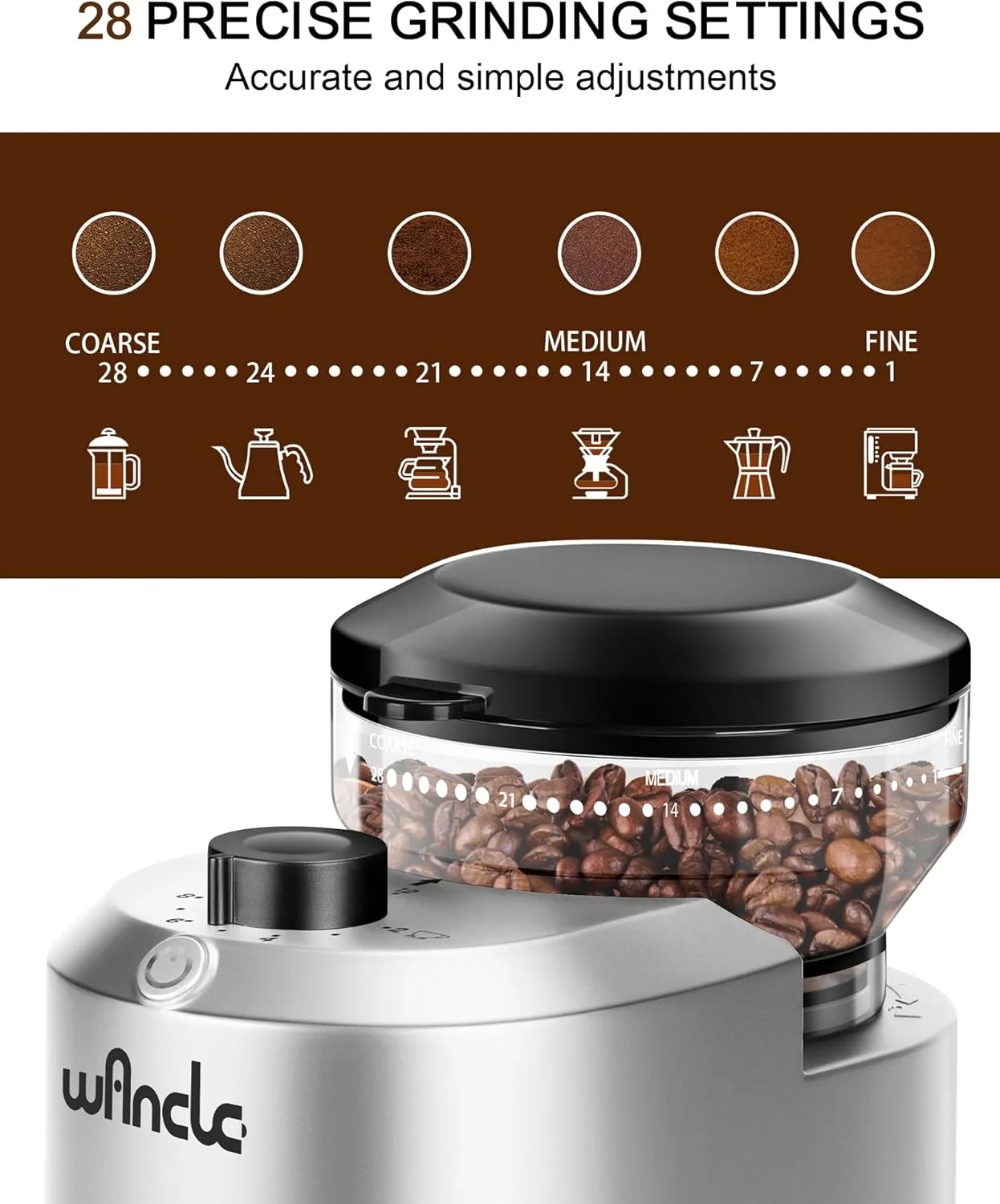 Best electric burr coffee grinder for home use in the UK, Top-rated coffee grinders with adjustable settings, Quiet and compact coffee grinders Elevate your coffee experience with the Wancle Electric Burr Coffee Grinder. designed for coffee enthusiasts seeking consistency and control. Featuring 28 precise grind settings, this grinder caters to various brewing methods, from espresso to the French press, ensuring optimal flavor extraction every time. Key Features: 28 Grind Settings: Customize your grind size to match your preferred brewing method, enhancing the taste and aroma of your coffee. Capacity for 12 Cups: Grind enough coffee beans to brew up to 12 cups, perfect for gatherings or personal enjoyment. Professional-Grade Burrs: Durable burrs provide uniform grinding, reducing heat buildup and preserving bean integrity. User-Friendly Design: Intuitive controls and a clear grind setting indicator make operation simple, even for beginners. Benefits: Consistent Flavor: Achieve uniform grind sizes for balanced extraction and a richer taste profile. Versatile Brewing: Whether you prefer a strong espresso or a smooth cold brew, the adjustable settings accommodate your taste. Freshness Guaranteed: Grind only what you need, ensuring each cup is as fresh as possible.