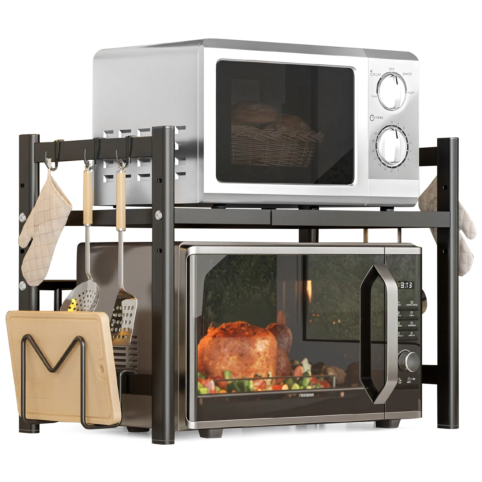 Expandable Microwave Shelf Rack – Adjustable Metal Kitchen & Desktop Appliance Stand with Hooks