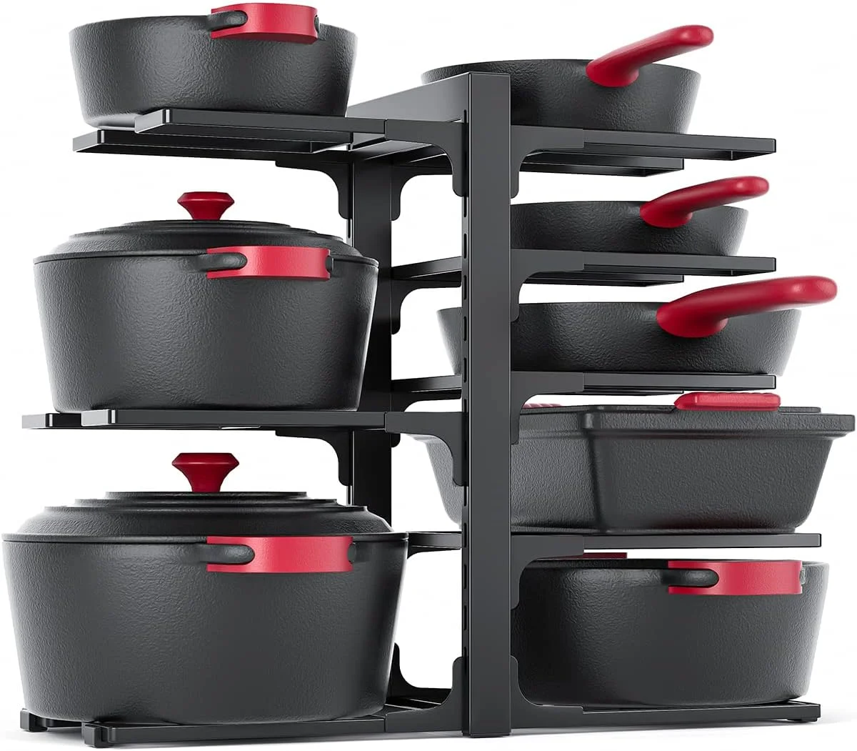KitchenGo™ 8-tier heavy-duty pot and pan organizer with adjustable tiers. Holds up to 120 lbs, fits cast iron skillets, dutch ovens, and frying pans. Tool-free setup.